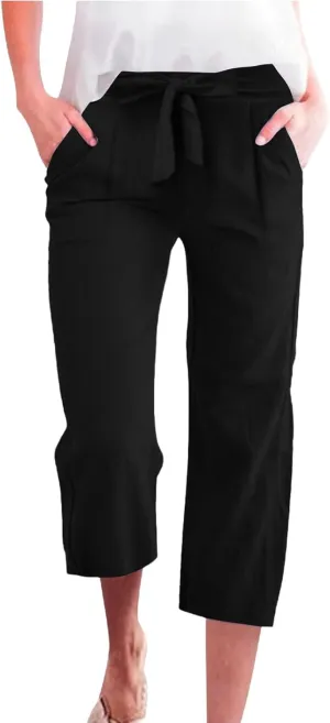 Linen Capri Pants for Women Casual Summer Loose Fit Wide Leg Pants Tie Belt Elastic Waist Cropped Trouser with Pockets
