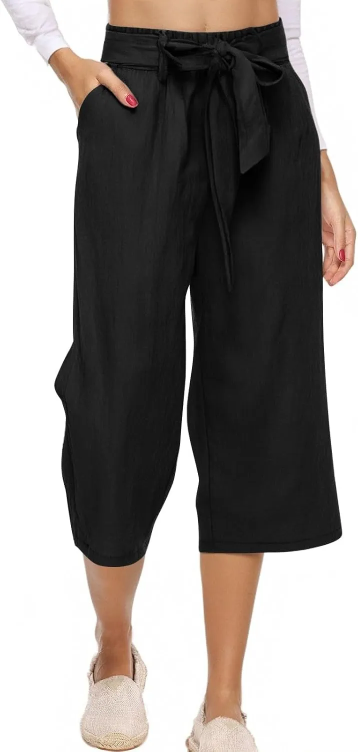 Linen Capri Pants for Women Casual Summer Loose Fit Wide Leg Pants Tie Belt Elastic Waist Cropped Trouser with Pockets