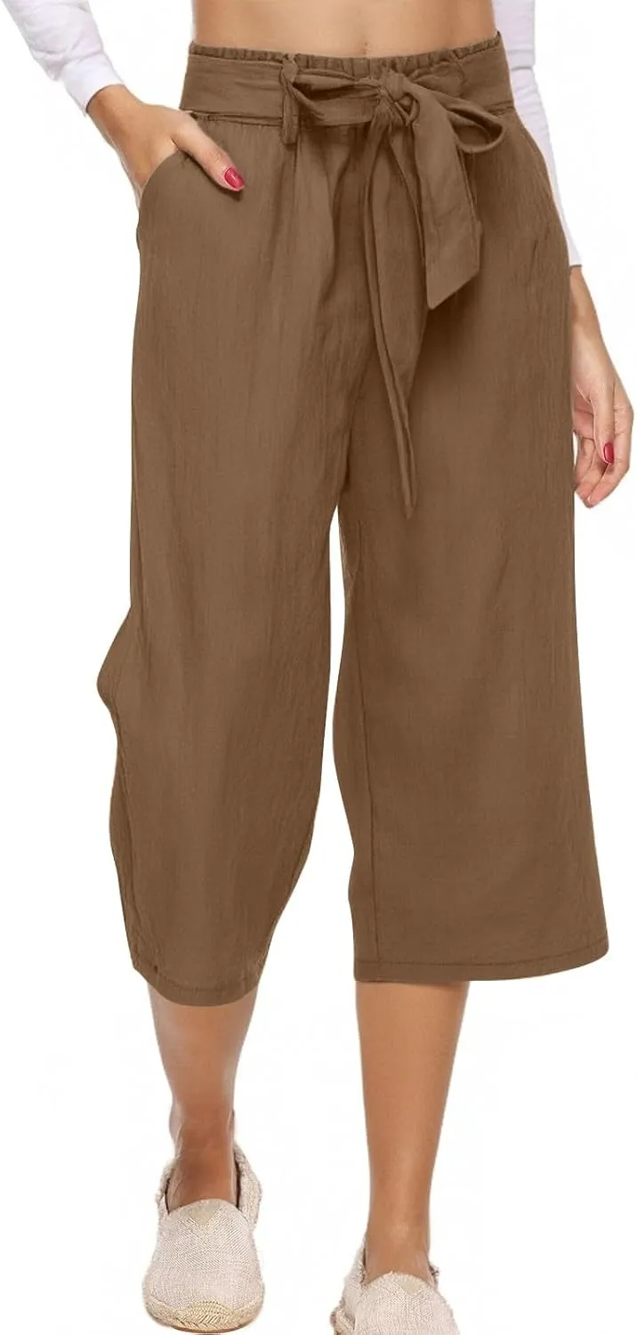 Linen Capri Pants for Women Casual Summer Loose Fit Wide Leg Pants Tie Belt Elastic Waist Cropped Trouser with Pockets