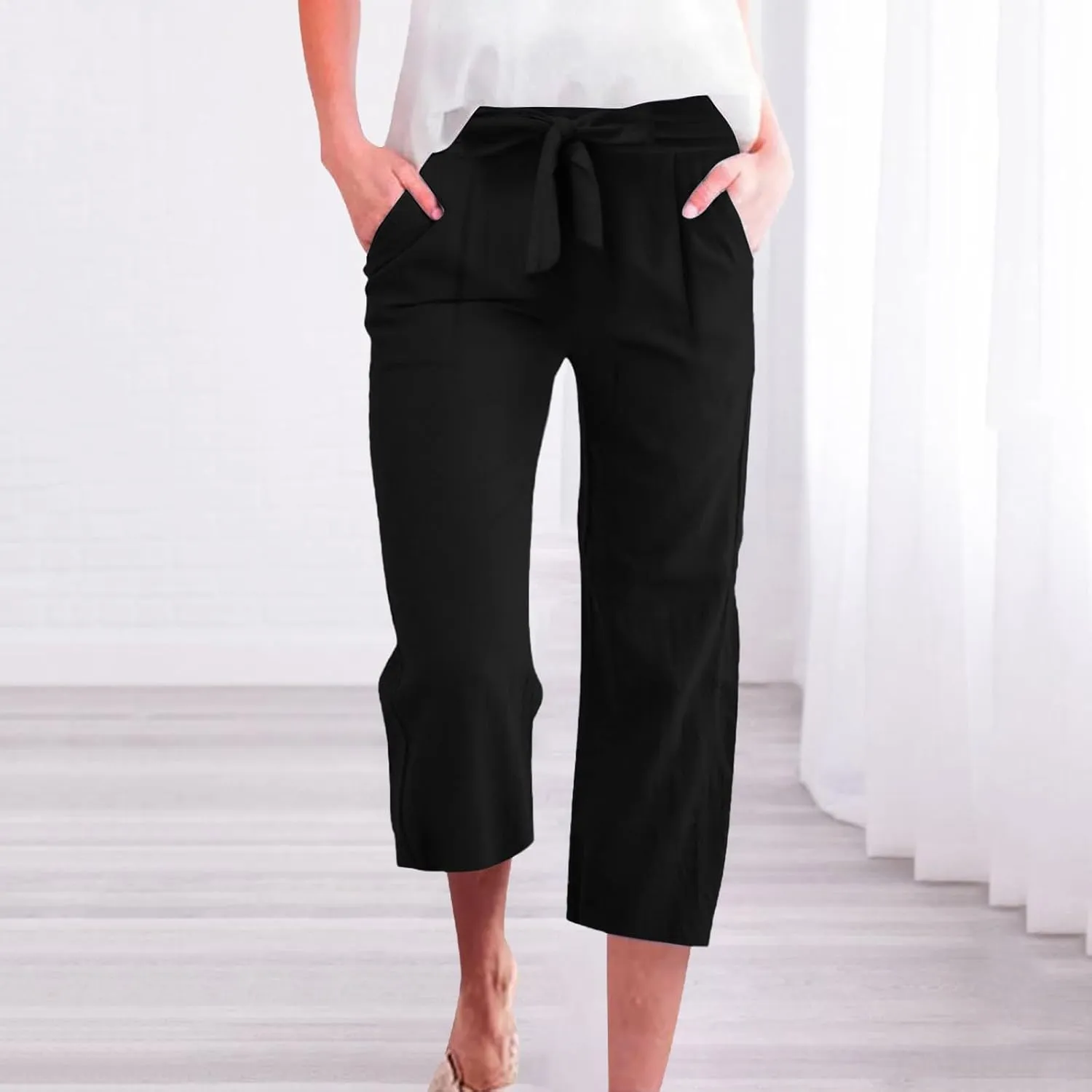 Linen Capri Pants for Women Casual Summer Loose Fit Wide Leg Pants Tie Belt Elastic Waist Cropped Trouser with Pockets