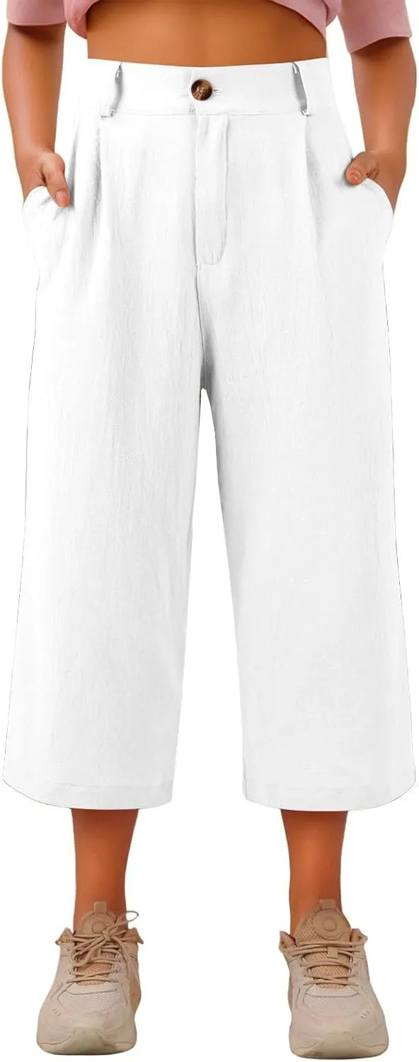 Linen Capri Pants for Women Casual Summer Loose Wide Leg Pants Trendy Button Down Waist Cropped Trouser with Pockets