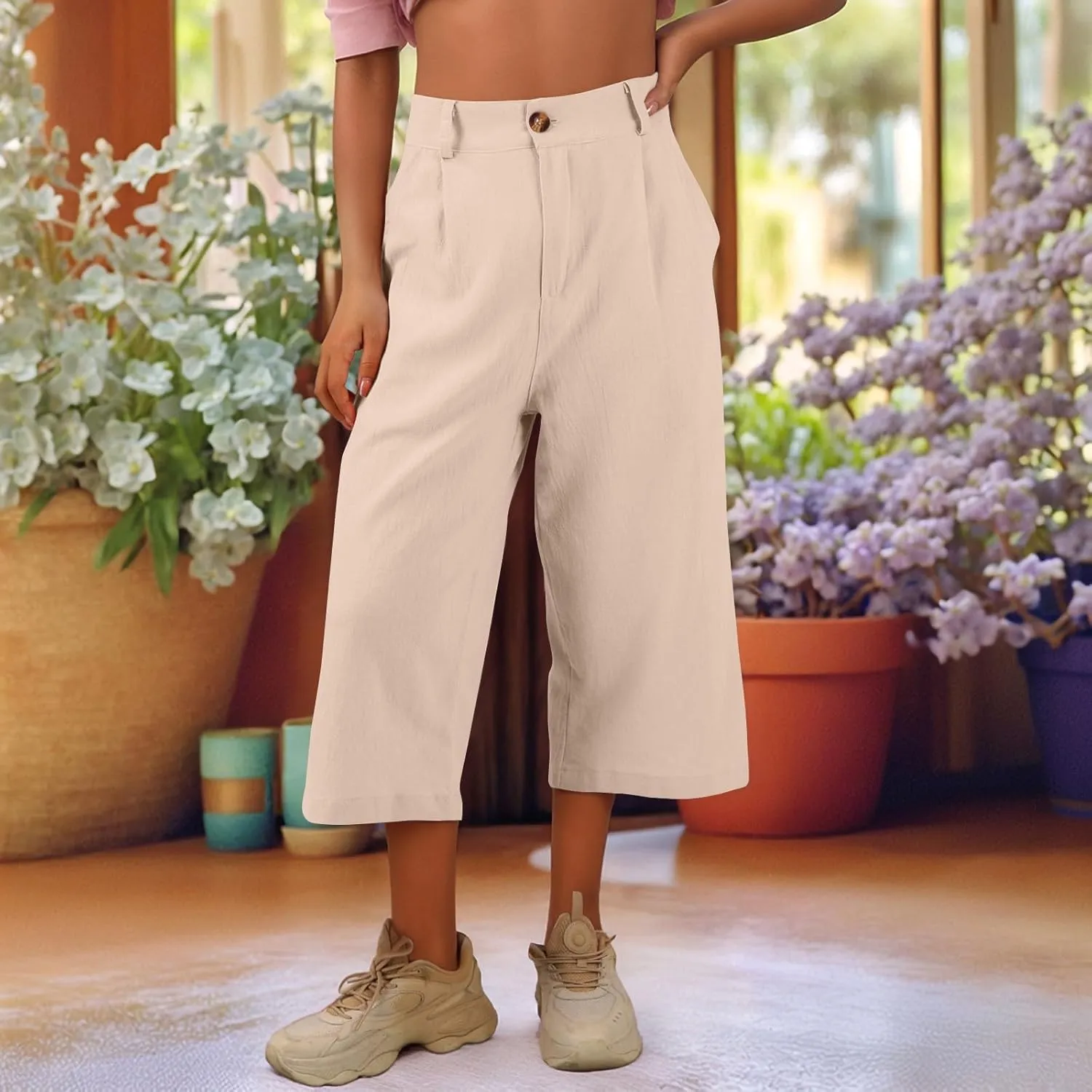 Linen Capri Pants for Women Casual Summer Loose Wide Leg Pants Trendy Button Down Waist Cropped Trouser with Pockets