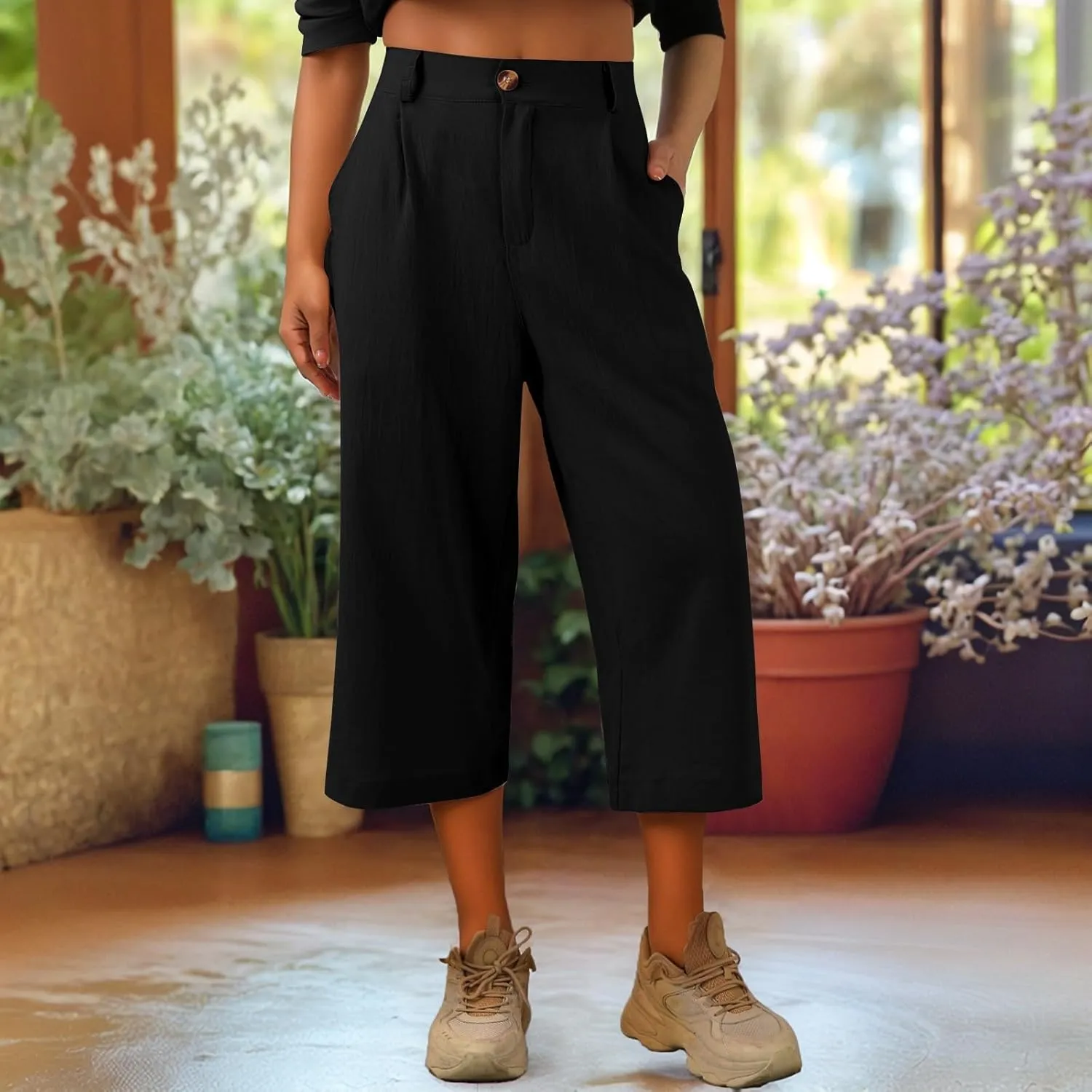 Linen Capri Pants for Women Casual Summer Loose Wide Leg Pants Trendy Button Down Waist Cropped Trouser with Pockets
