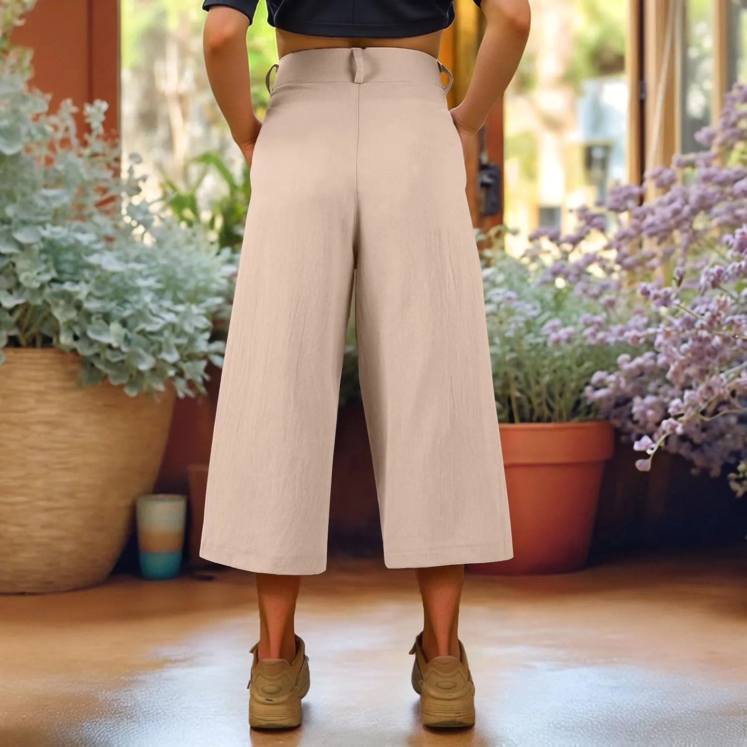 Linen Capri Pants for Women Casual Summer Loose Wide Leg Pants Trendy Button Down Waist Cropped Trouser with Pockets