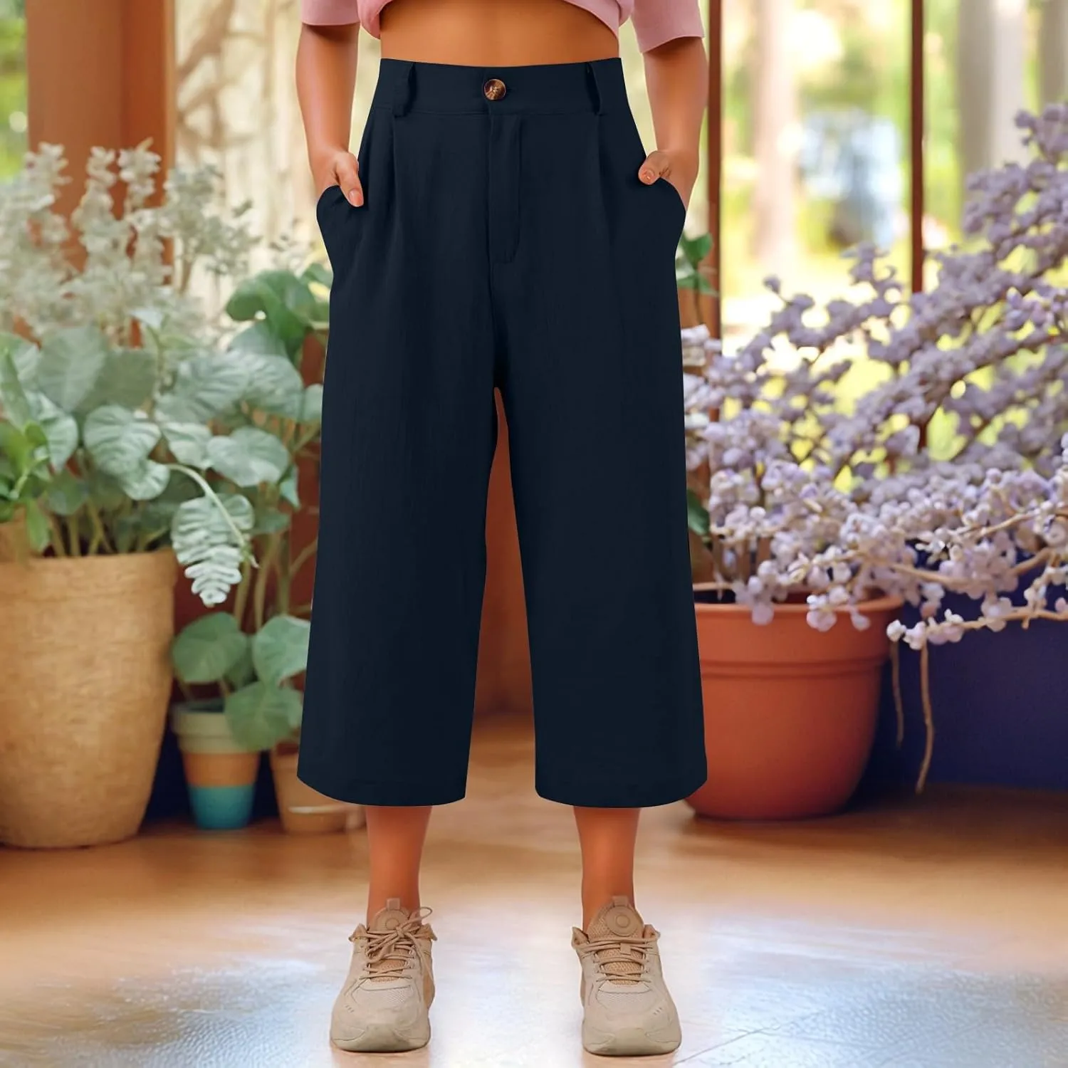 Linen Capri Pants for Women Casual Summer Loose Wide Leg Pants Trendy Button Down Waist Cropped Trouser with Pockets