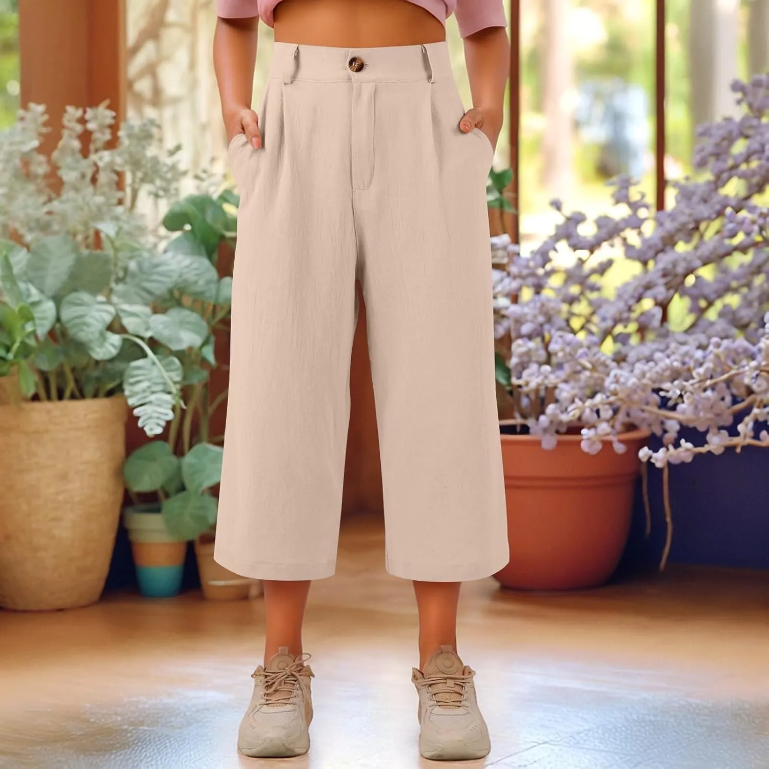 Linen Capri Pants for Women Casual Summer Loose Wide Leg Pants Trendy Button Down Waist Cropped Trouser with Pockets