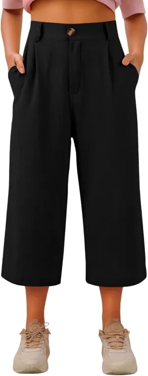 Linen Capri Pants for Women Casual Summer Loose Wide Leg Pants Trendy Button Down Waist Cropped Trouser with Pockets