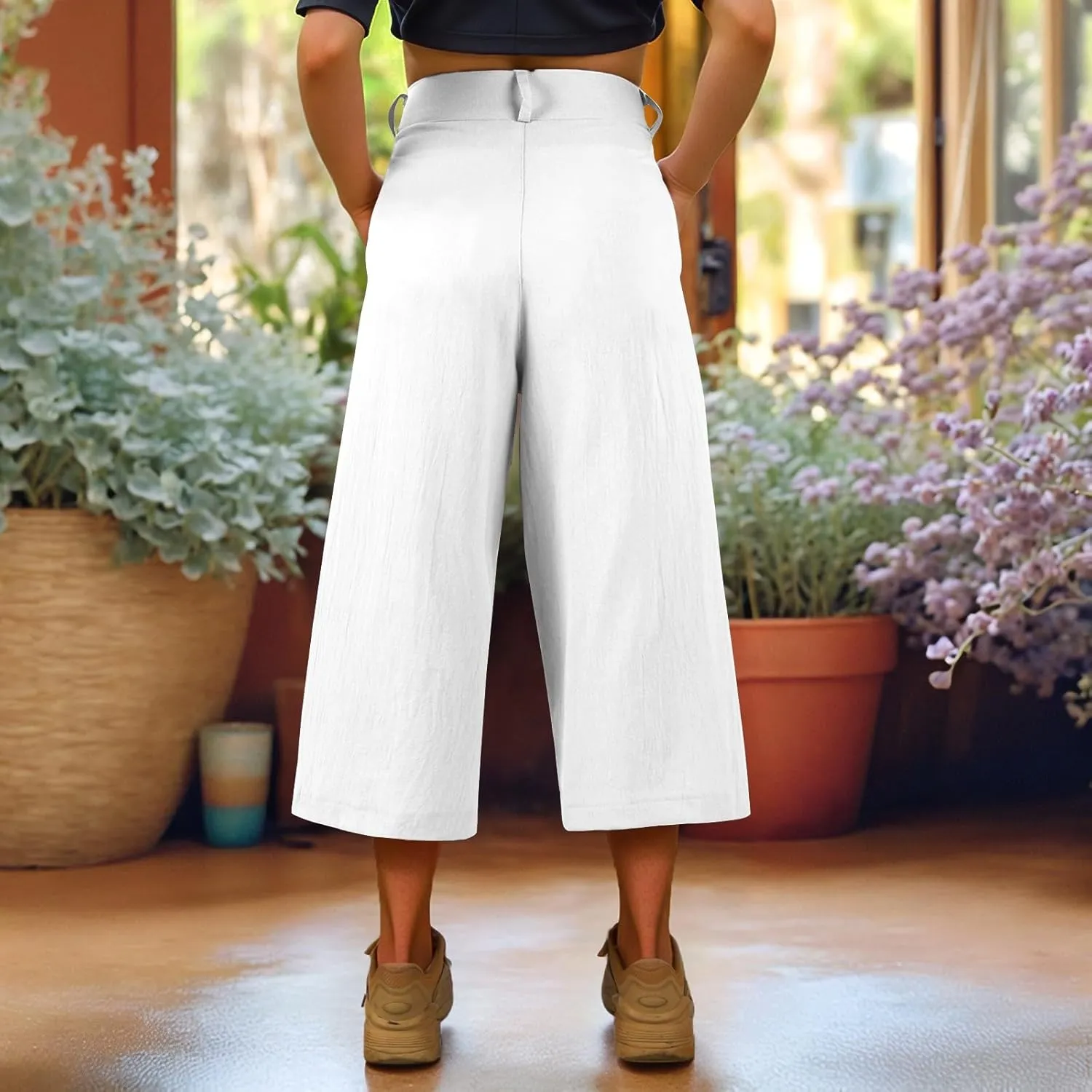 Linen Capri Pants for Women Casual Summer Loose Wide Leg Pants Trendy Button Down Waist Cropped Trouser with Pockets