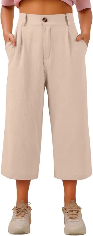 Linen Capri Pants for Women Casual Summer Loose Wide Leg Pants Trendy Button Down Waist Cropped Trouser with Pockets