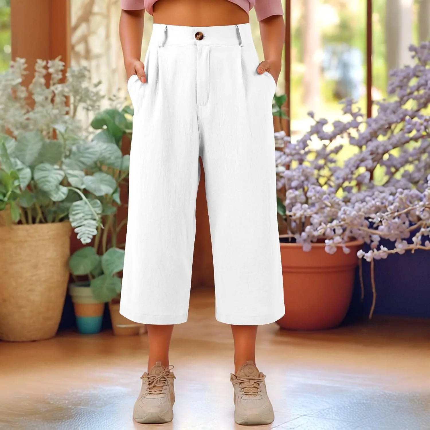 Linen Capri Pants for Women Casual Summer Loose Wide Leg Pants Trendy Button Down Waist Cropped Trouser with Pockets