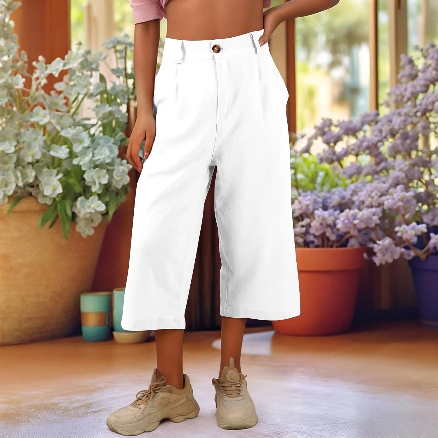 Linen Capri Pants for Women Casual Summer Loose Wide Leg Pants Trendy Button Down Waist Cropped Trouser with Pockets