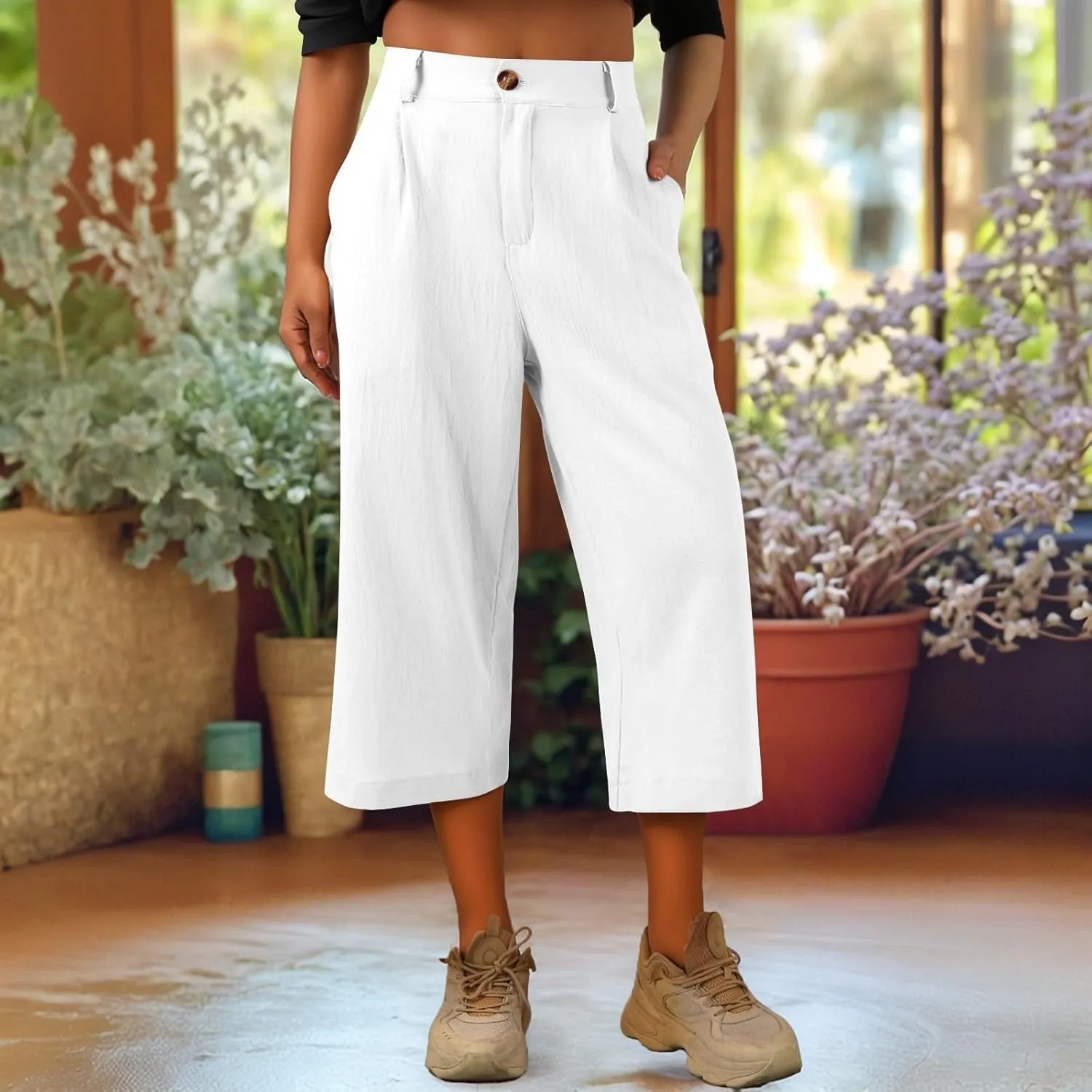 Linen Capri Pants for Women Casual Summer Loose Wide Leg Pants Trendy Button Down Waist Cropped Trouser with Pockets