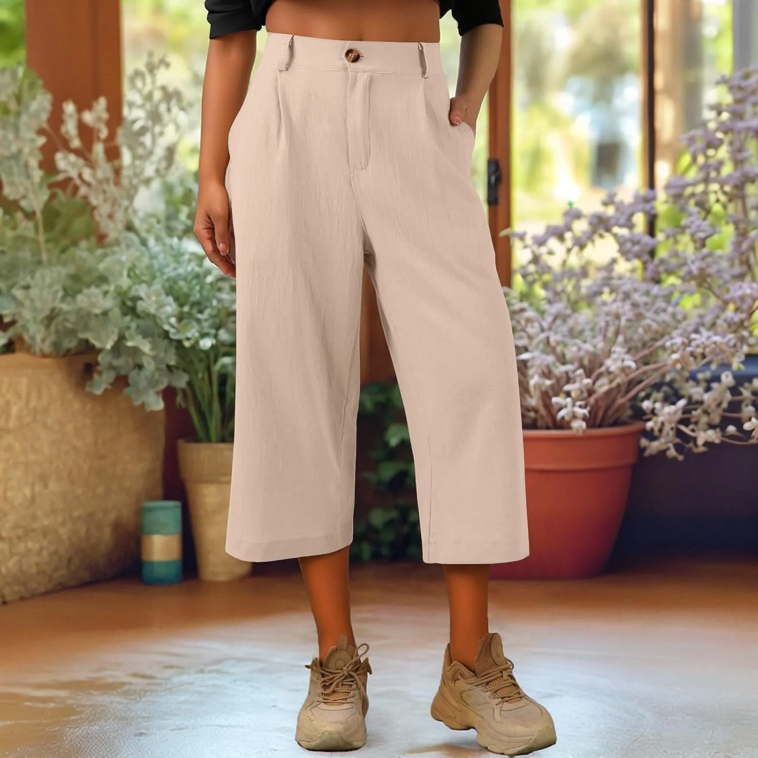 Linen Capri Pants for Women Casual Summer Loose Wide Leg Pants Trendy Button Down Waist Cropped Trouser with Pockets