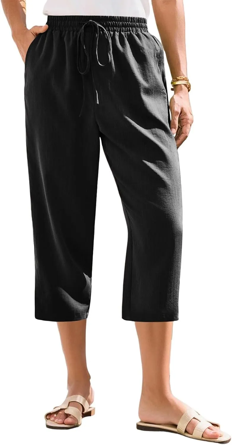 Linen Capris for Women Casual Summer Elastic Waist Wide Leg Cropped Pants Comfy Cotton Linen Capri Pants with Pockets