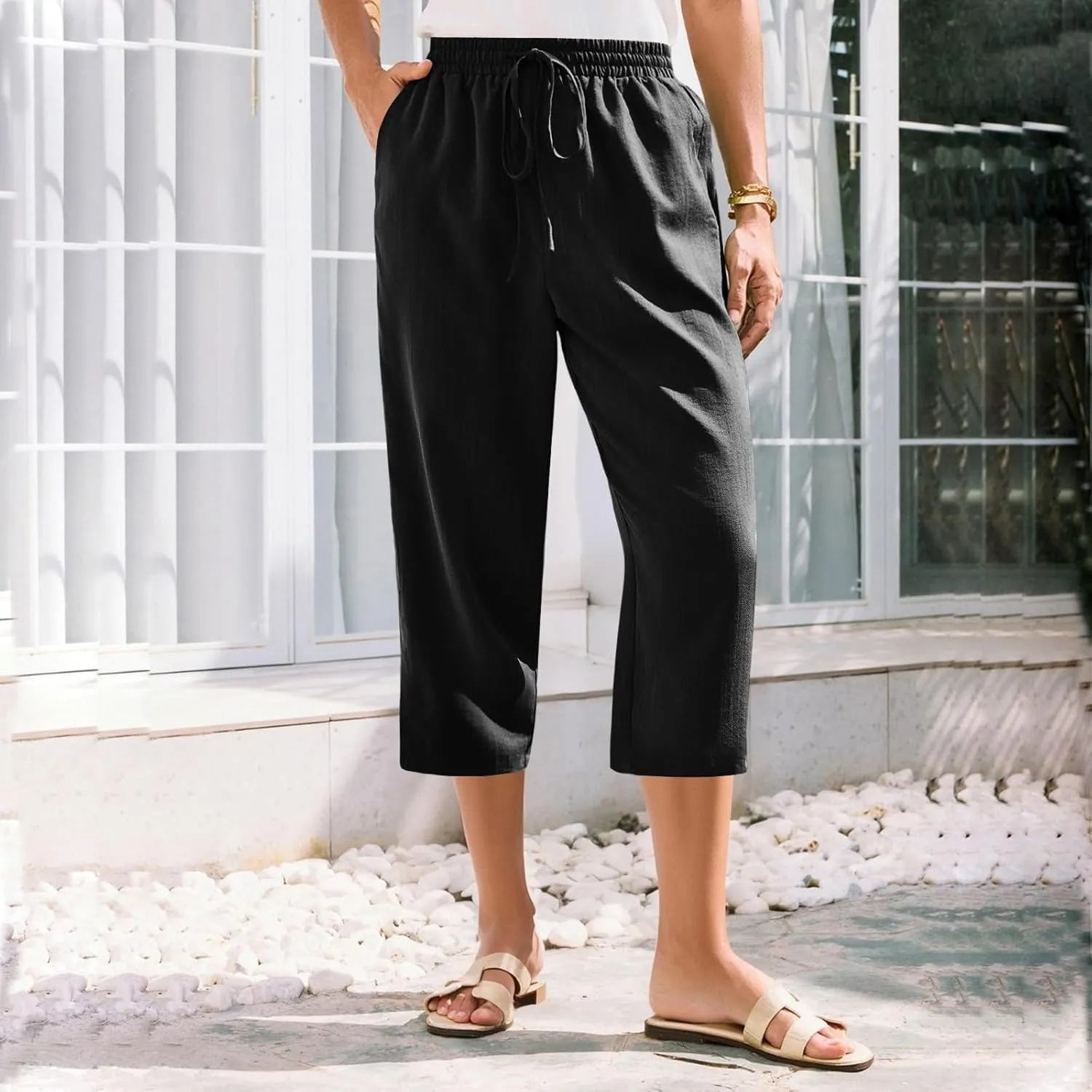 Linen Capris for Women Casual Summer Elastic Waist Wide Leg Cropped Pants Comfy Cotton Linen Capri Pants with Pockets