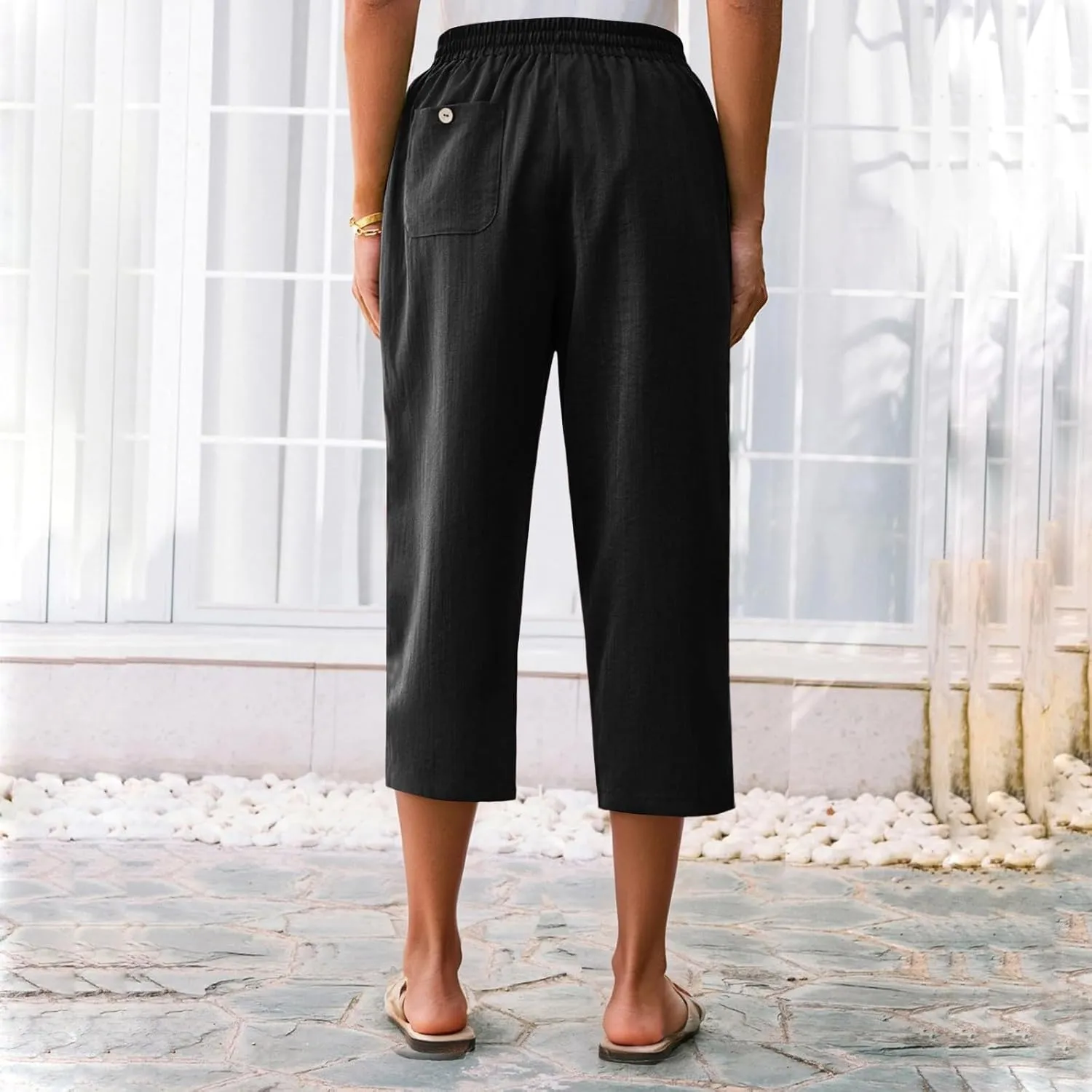 Linen Capris for Women Casual Summer Elastic Waist Wide Leg Cropped Pants Comfy Cotton Linen Capri Pants with Pockets