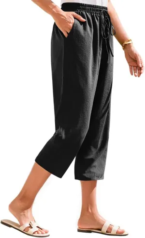 Linen Capris for Women Casual Summer Elastic Waist Wide Leg Cropped Pants Comfy Cotton Linen Capri Pants with Pockets