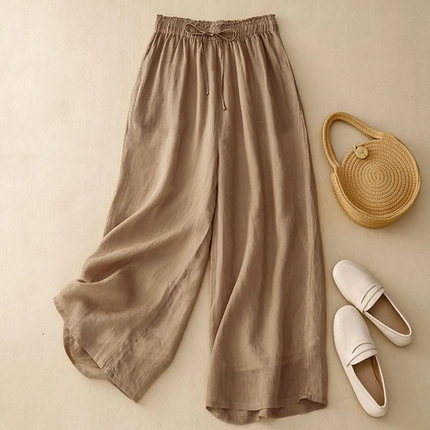 Linen Cropped Pants Women Lounge Casual Capris Plus Size Elastic Crop Pants Summer Soft Linen Wide Leg Lounge Trousers