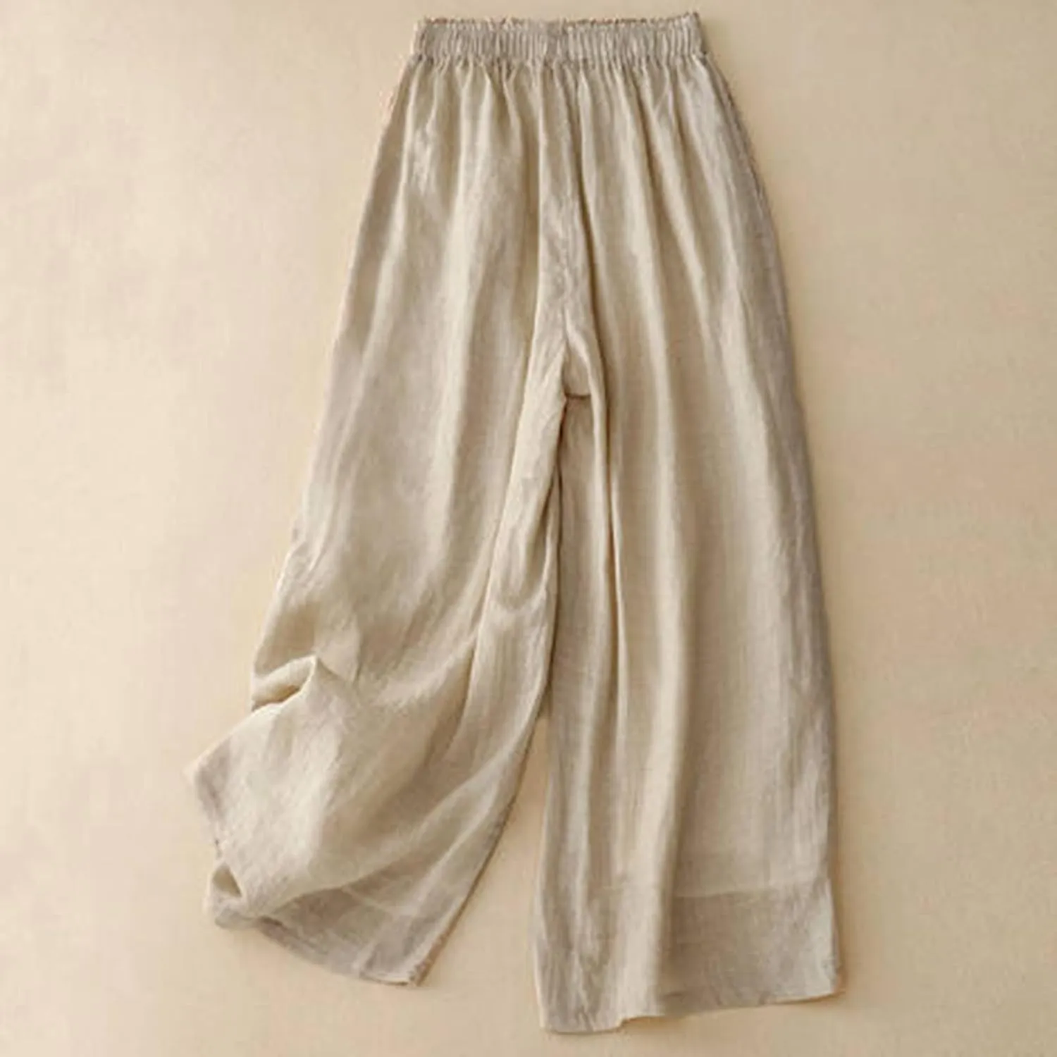 Linen Cropped Pants Women Lounge Casual Capris Plus Size Elastic Crop Pants Summer Soft Linen Wide Leg Lounge Trousers