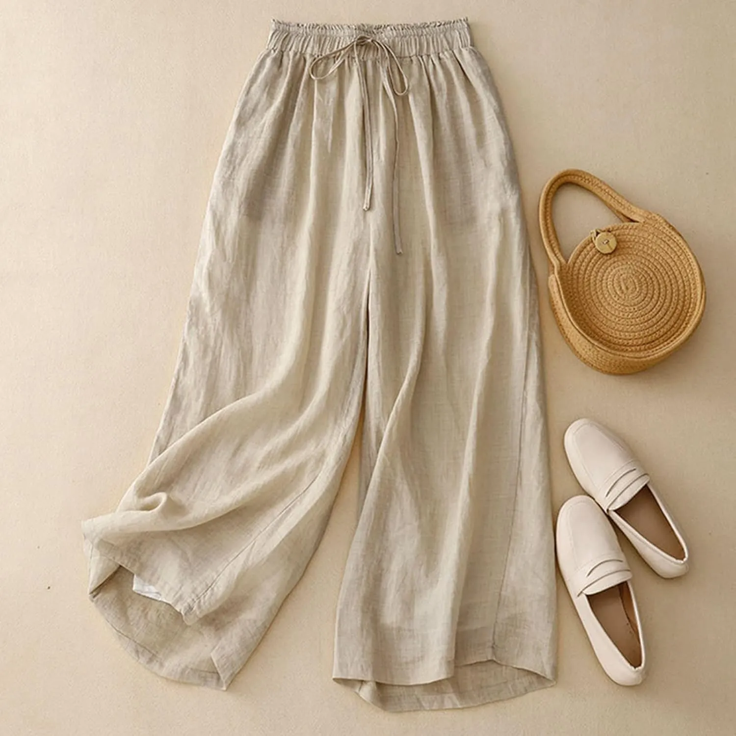 Linen Cropped Pants Women Lounge Casual Capris Plus Size Elastic Crop Pants Summer Soft Linen Wide Leg Lounge Trousers