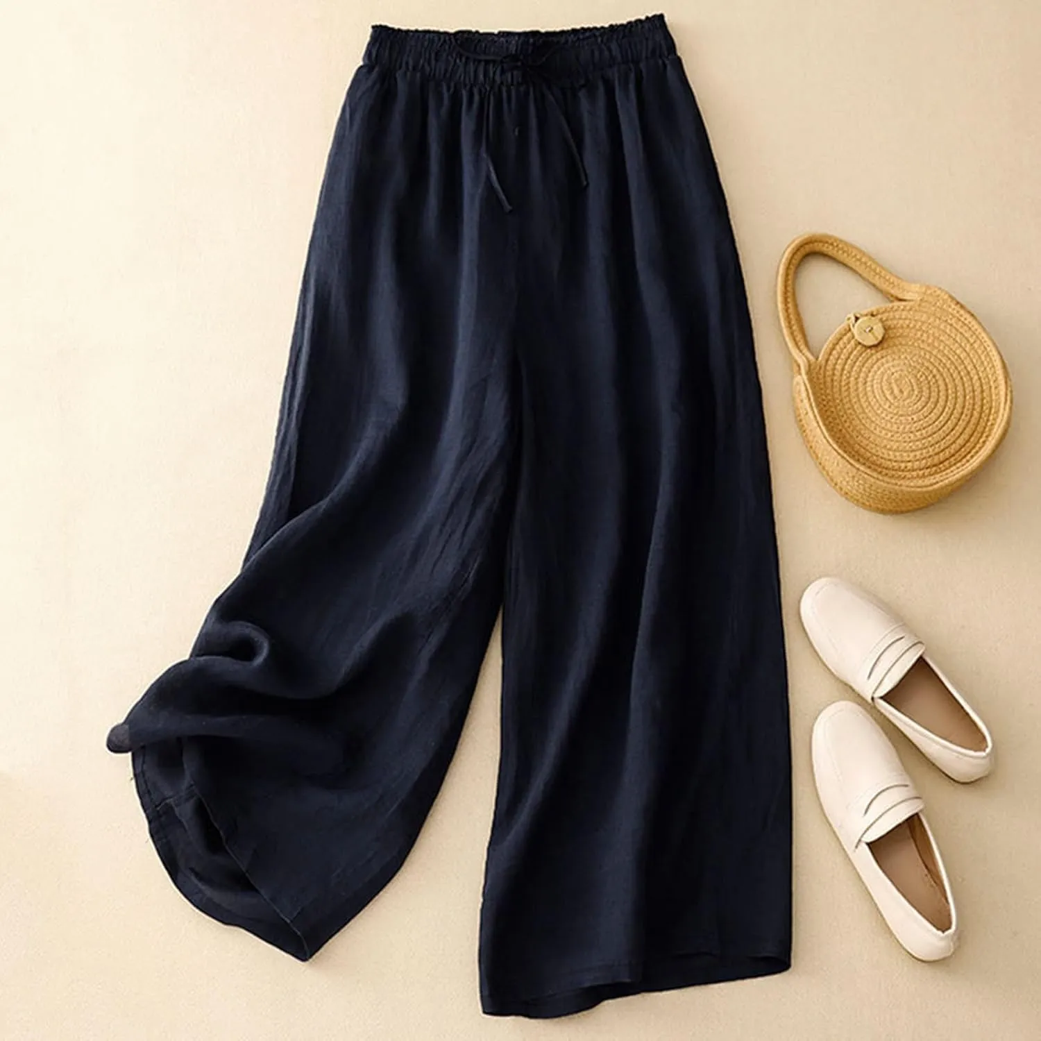 Linen Cropped Pants Women Lounge Casual Capris Plus Size Elastic Crop Pants Summer Soft Linen Wide Leg Lounge Trousers