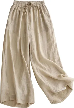 Linen Cropped Pants Women Lounge Casual Capris Plus Size Elastic Crop Pants Summer Soft Linen Wide Leg Lounge Trousers