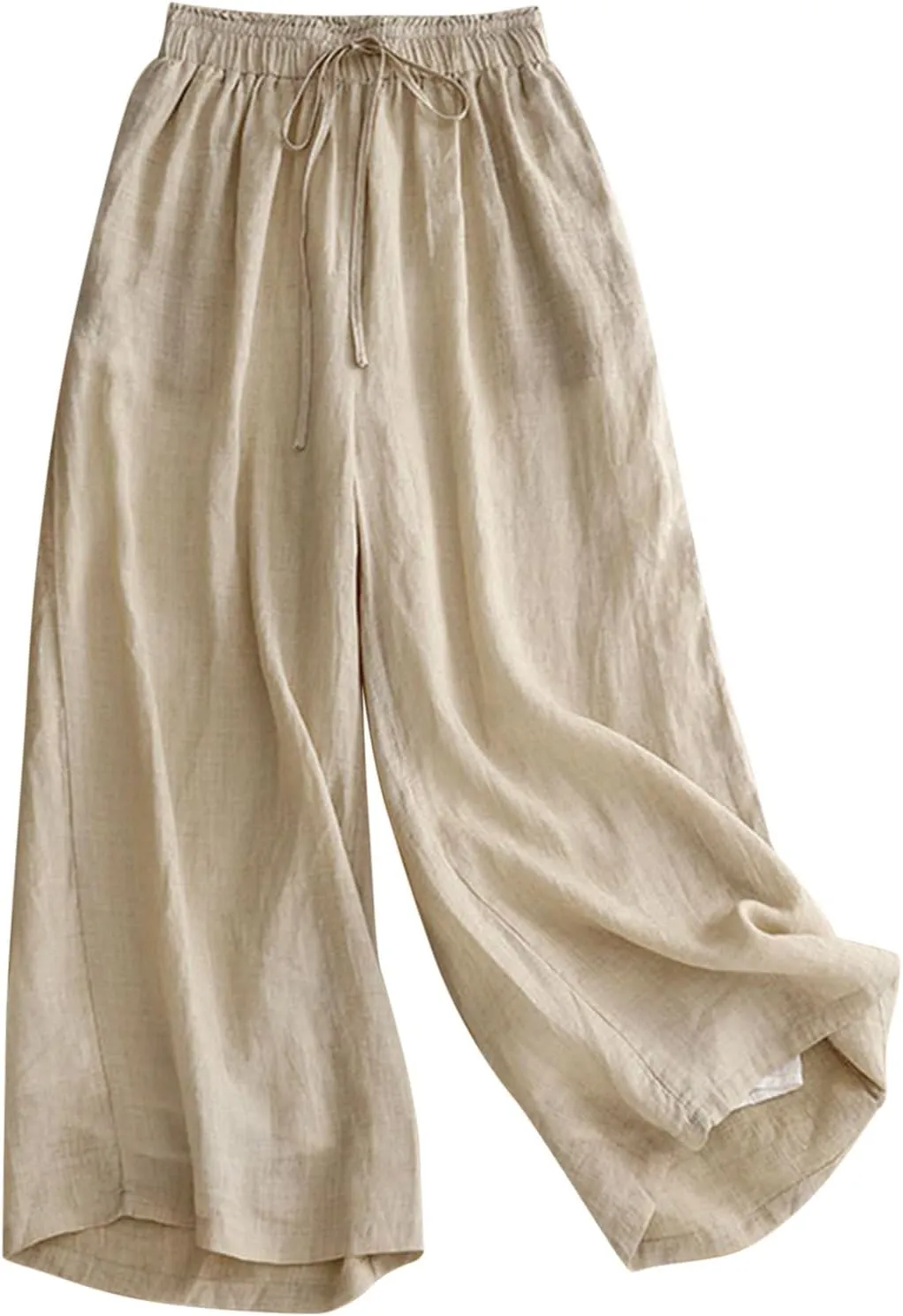 Linen Cropped Pants Women Lounge Casual Capris Plus Size Elastic Crop Pants Summer Soft Linen Wide Leg Lounge Trousers