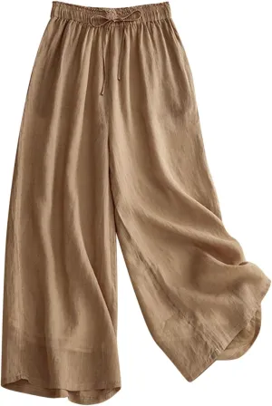 Linen Cropped Pants Women Lounge Casual Capris Plus Size Elastic Crop Pants Summer Soft Linen Wide Leg Lounge Trousers