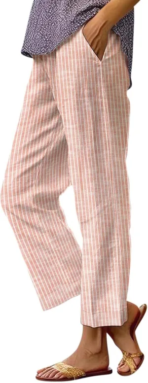 Linen Pants for Women Elastic Pants Long Linen Women Cotton Casual Slit Trouser Pants with Pockets Summer 2025