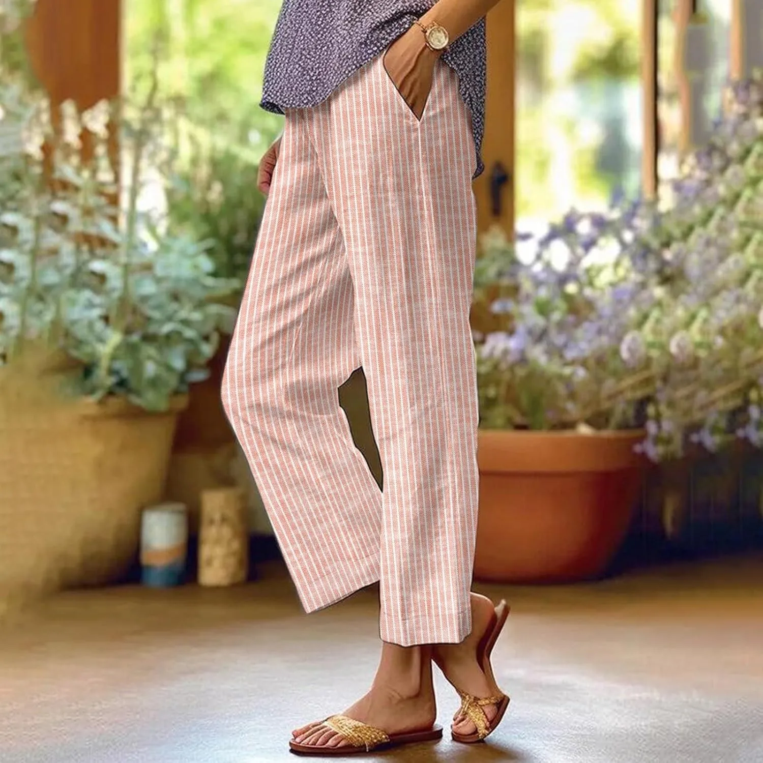 Linen Pants for Women Elastic Pants Long Linen Women Cotton Casual Slit Trouser Pants with Pockets Summer 2025
