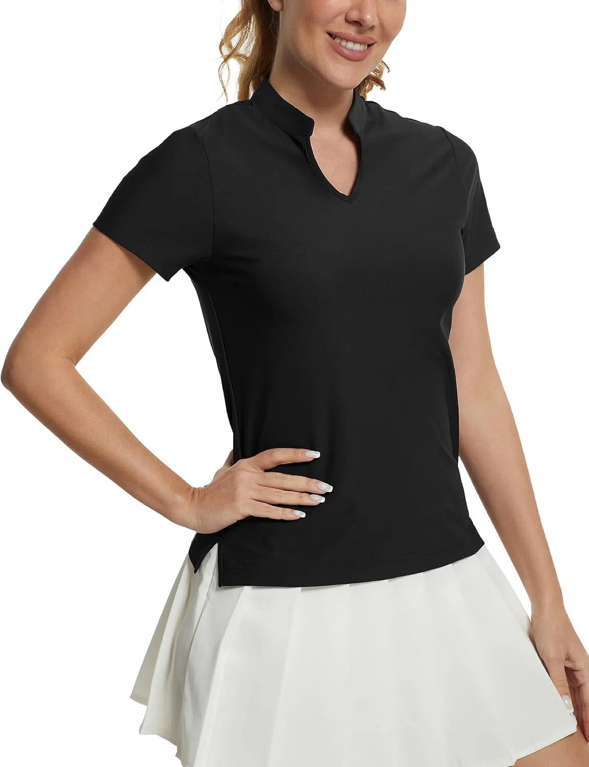 MathCat Women's Golf Shirts V-Neck Short Sleeve Collarless Quick Dry Tennis Running Tees Polo Casual Tops