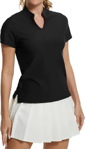 MathCat Women's Golf Shirts V-Neck Short Sleeve Collarless Quick Dry Tennis Running Tees Polo Casual Tops