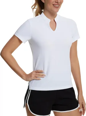 MathCat Women's Golf Shirts V-Neck Short Sleeve Collarless Quick Dry Tennis Running Tees Polo Casual Tops
