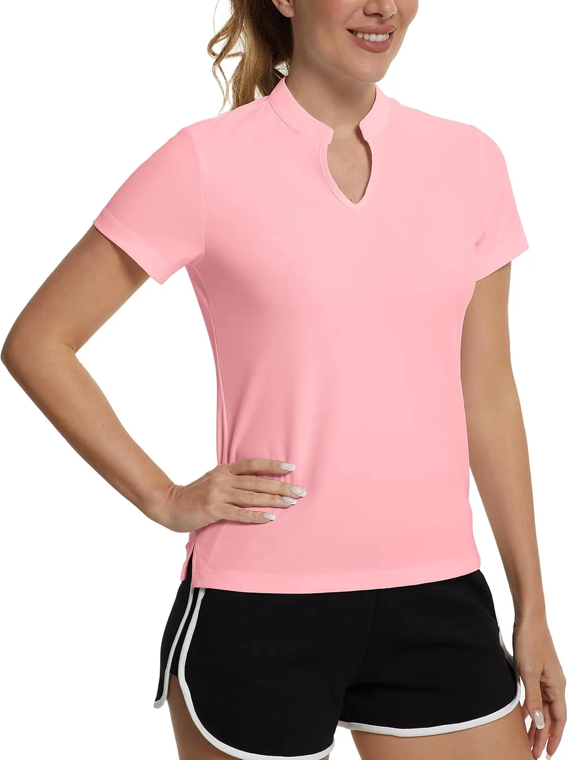MathCat Women's Golf Shirts V-Neck Short Sleeve Collarless Quick Dry Tennis Running Tees Polo Casual Tops