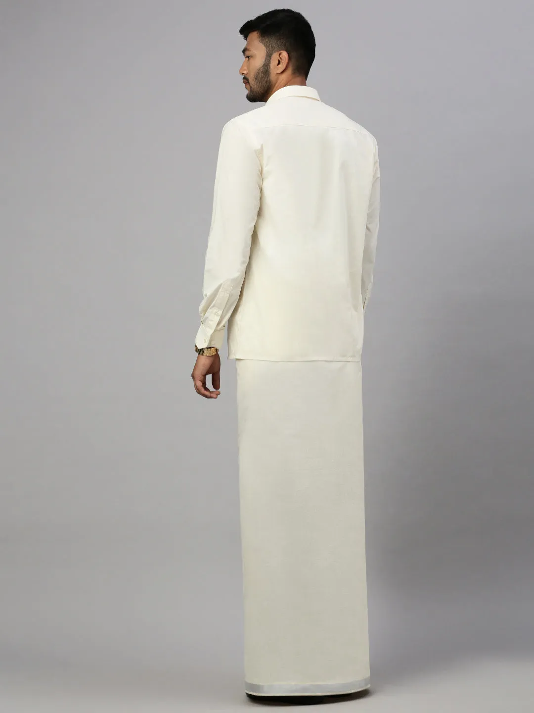 Men Double Dhoti Cream with Silver Jari 1 1/2" inch Silver Rose