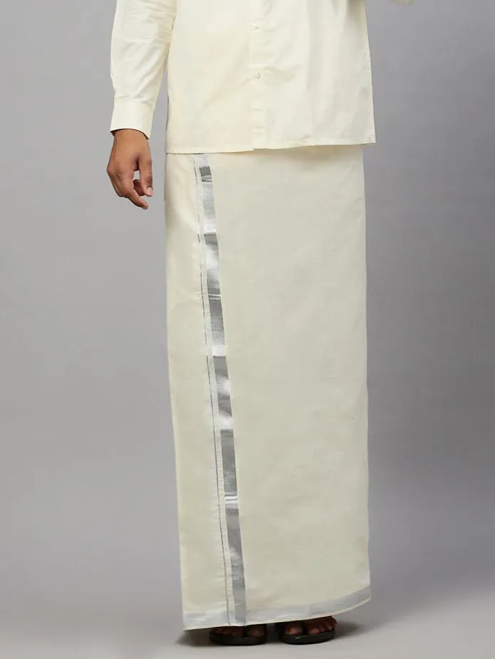 Men Double Dhoti Cream with Silver Jari 1 1/2" inch Silver Rose