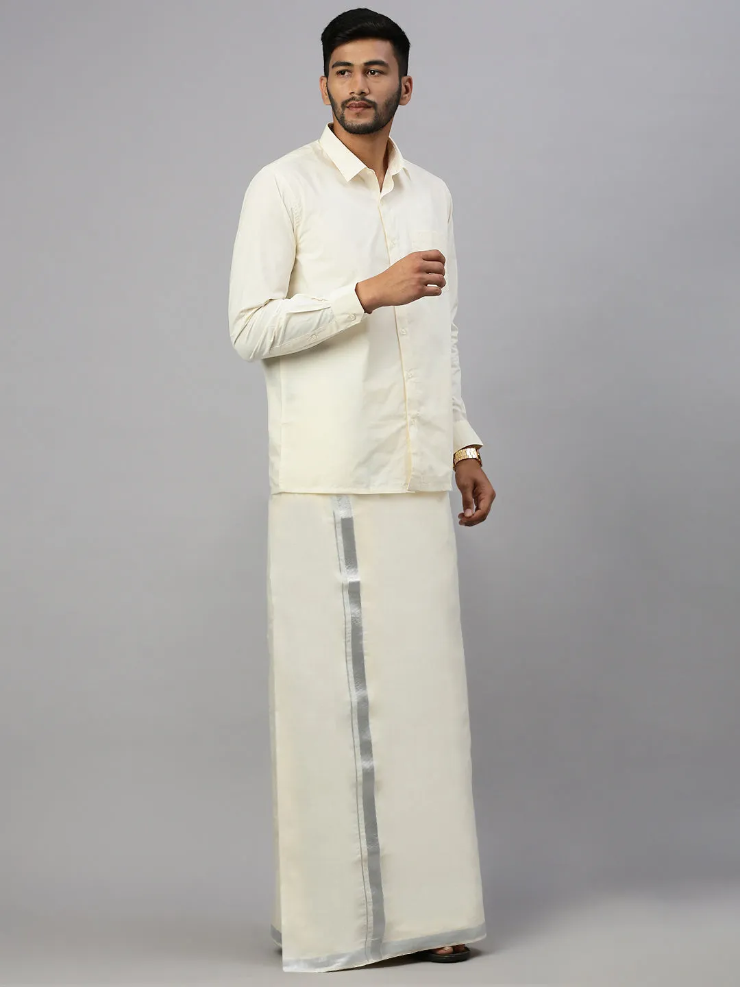 Men Double Dhoti Cream with Silver Jari 1 1/2" inch Silver Rose