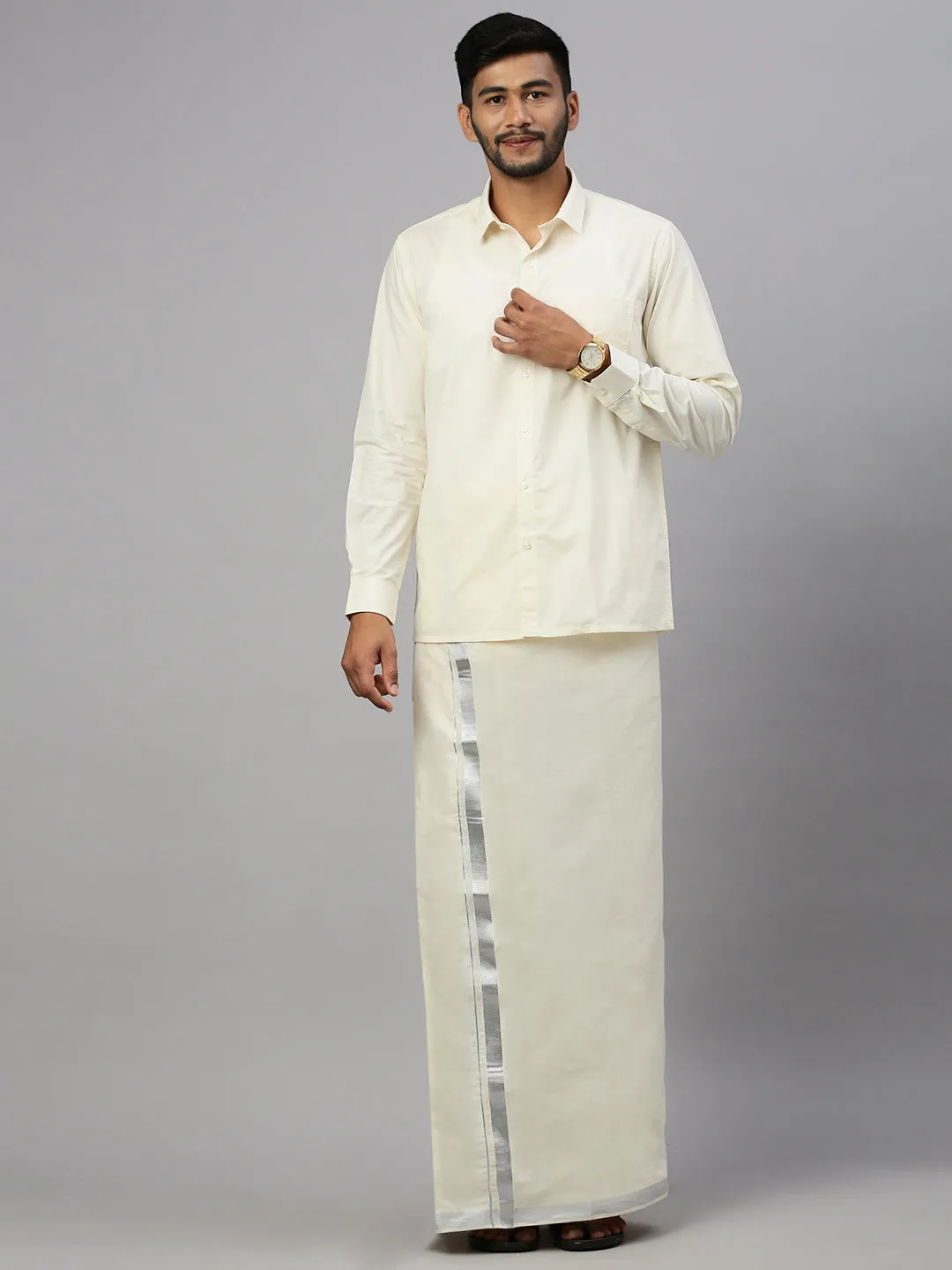 Men Double Dhoti Cream with Silver Jari 1 1/2" inch Silver Rose