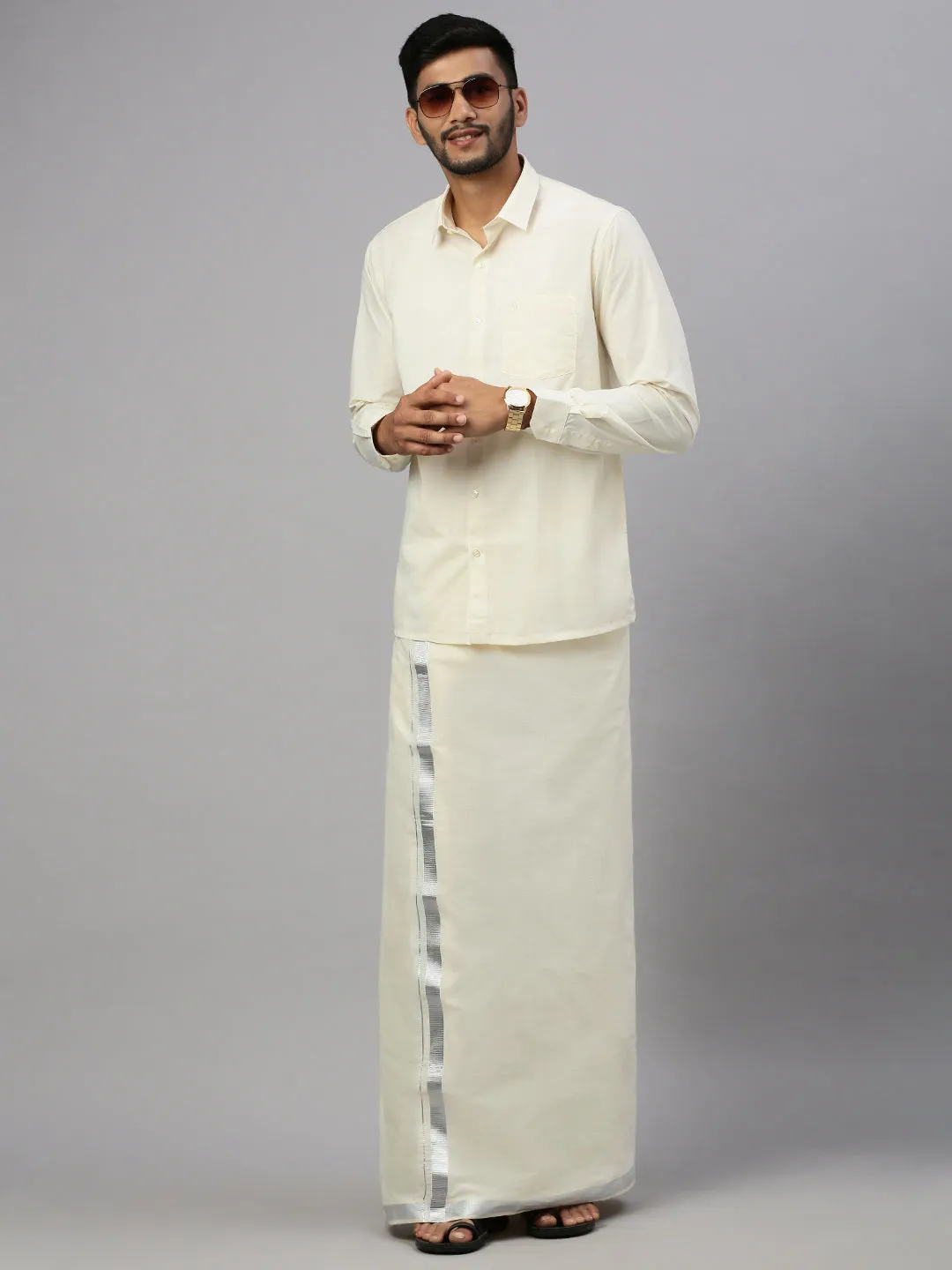 Men Double Dhoti Cream with Silver Jari 1 1/2" inch Silver Rose