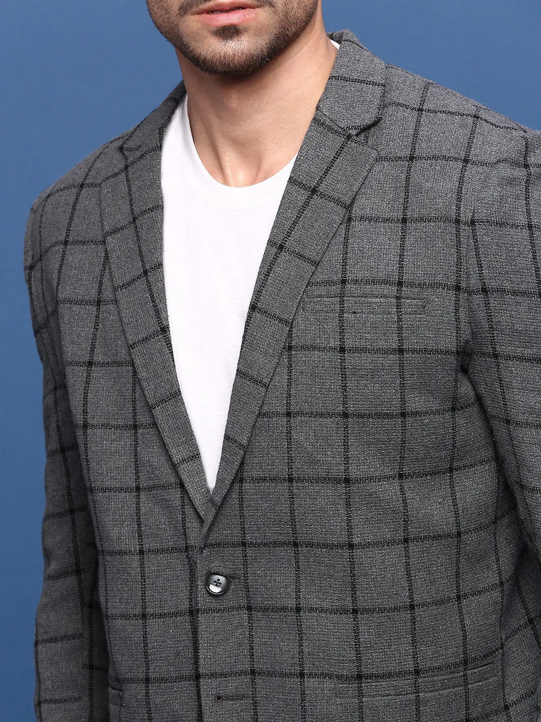 Men Grey Slim Fit Notched Lapel Single Breasted Blazer