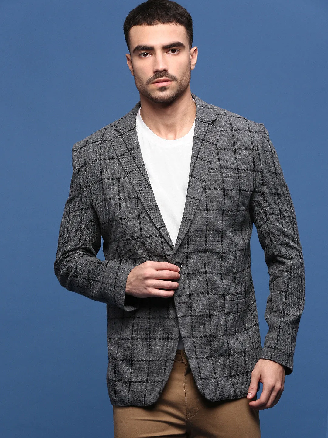 Men Grey Slim Fit Notched Lapel Single Breasted Blazer