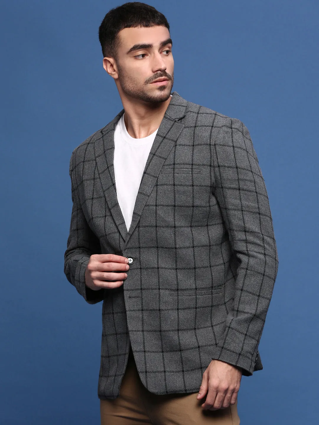 Men Grey Slim Fit Notched Lapel Single Breasted Blazer