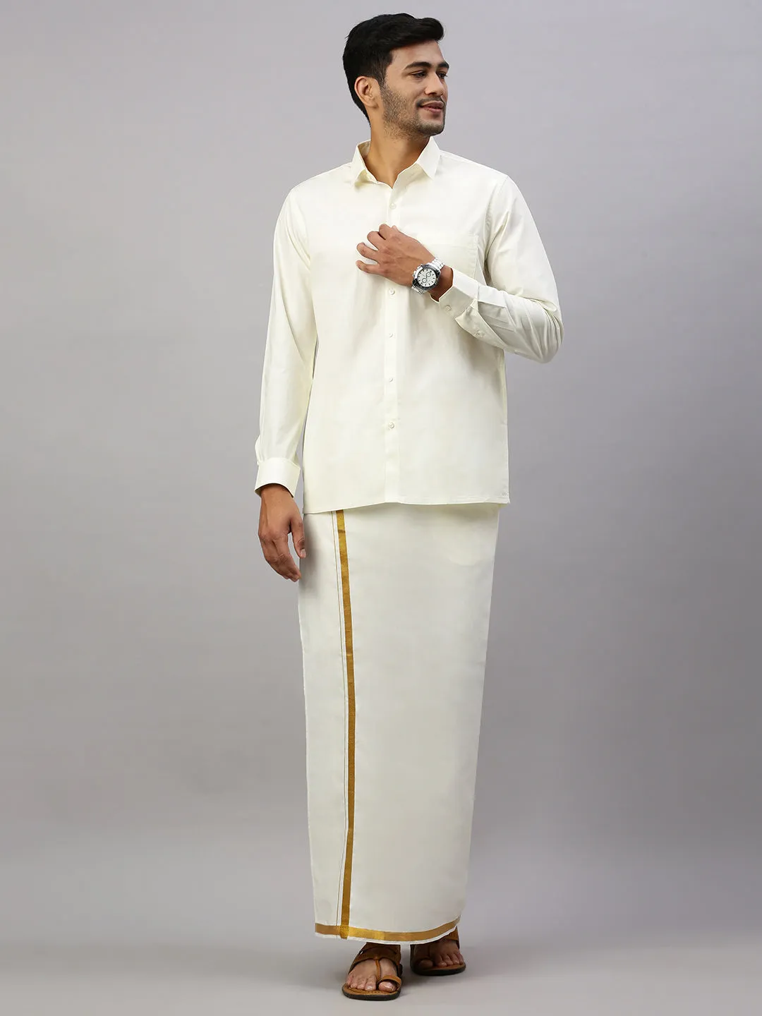 Men Kora Cream Double Dhoti with Gold Jari 3/4" Nakshatra