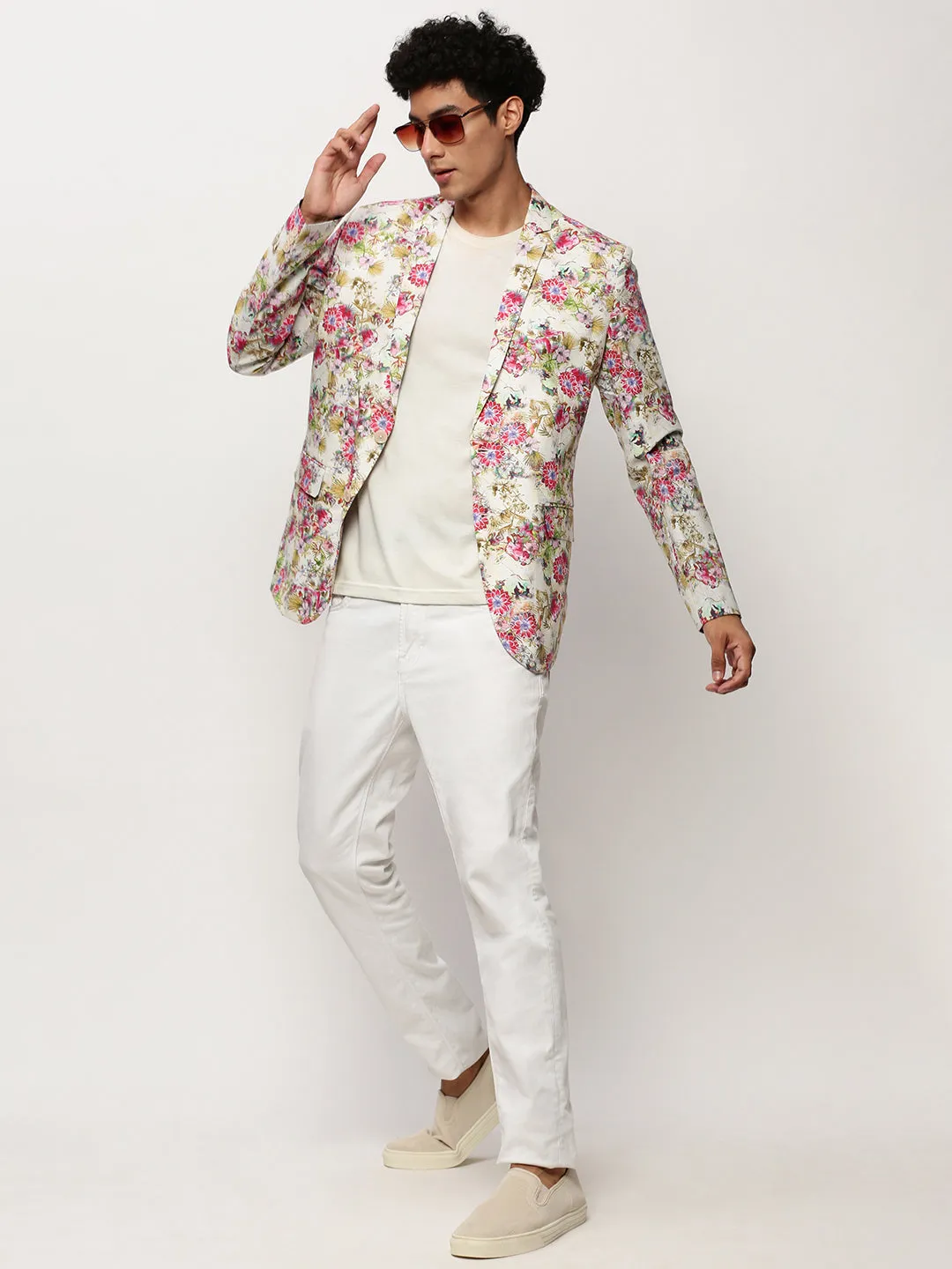 Men Off White Printed Notched Lapel Collar Single Breasted Slim-Fit Casual Blazer