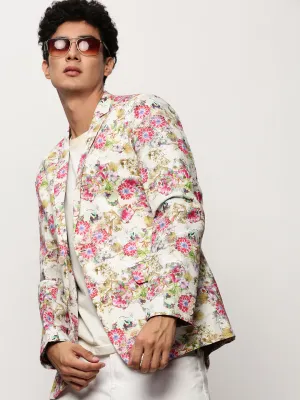 Men Off White Printed Notched Lapel Collar Single Breasted Slim-Fit Casual Blazer