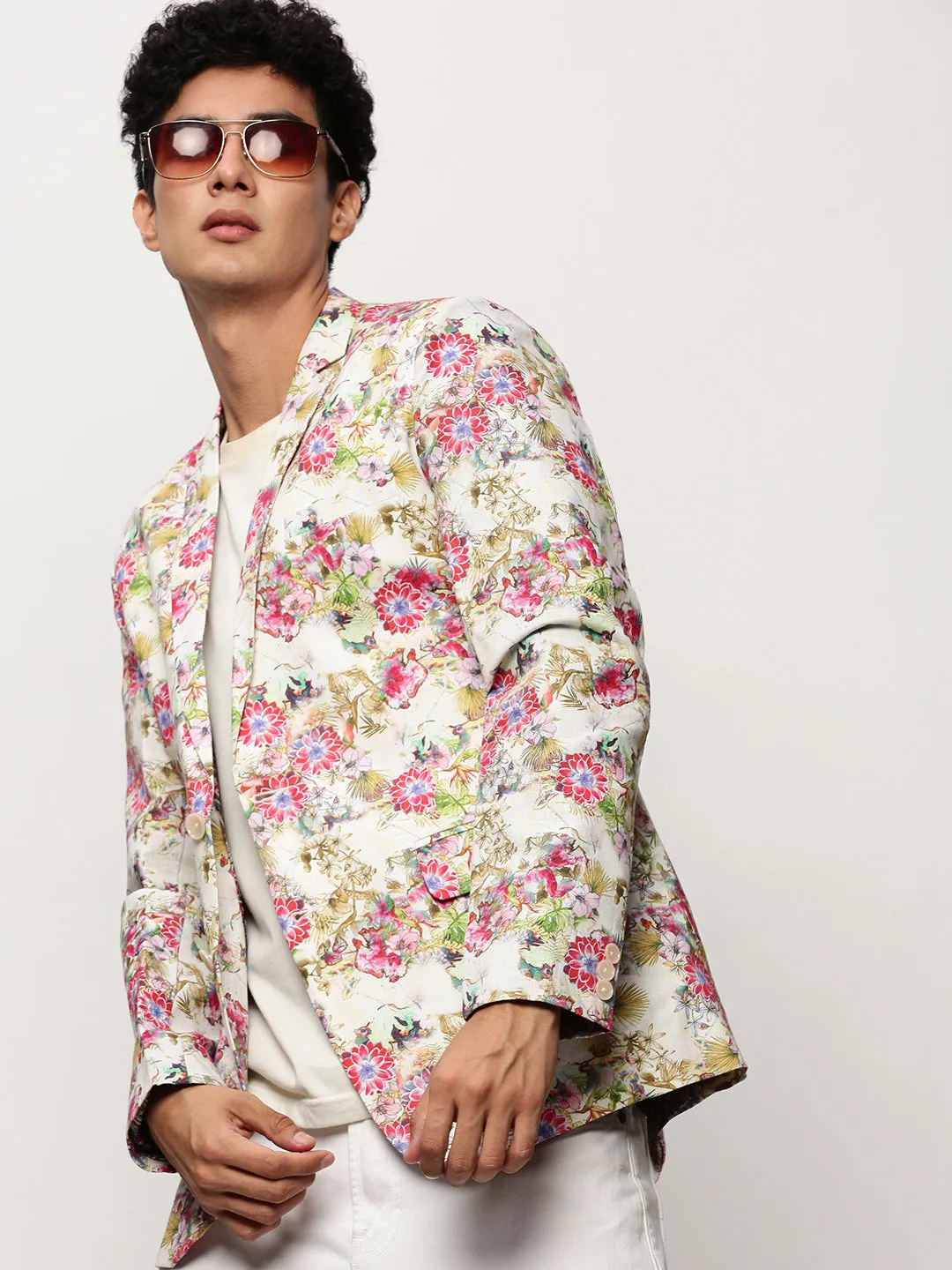Men Off White Printed Notched Lapel Collar Single Breasted Slim-Fit Casual Blazer