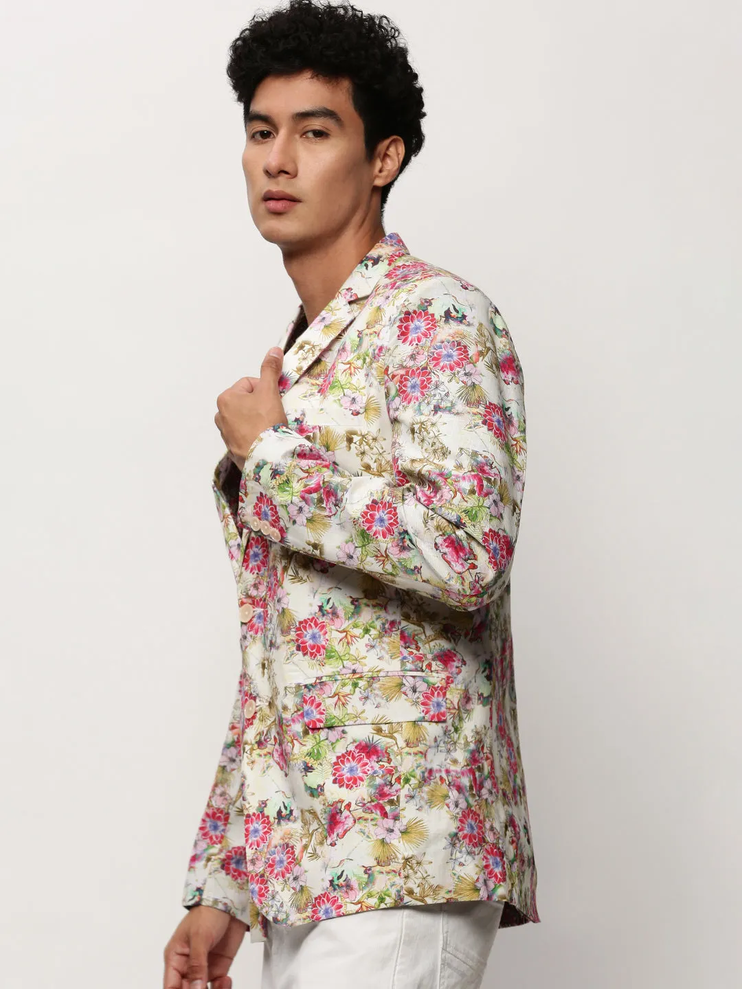 Men Off White Printed Notched Lapel Collar Single Breasted Slim-Fit Casual Blazer