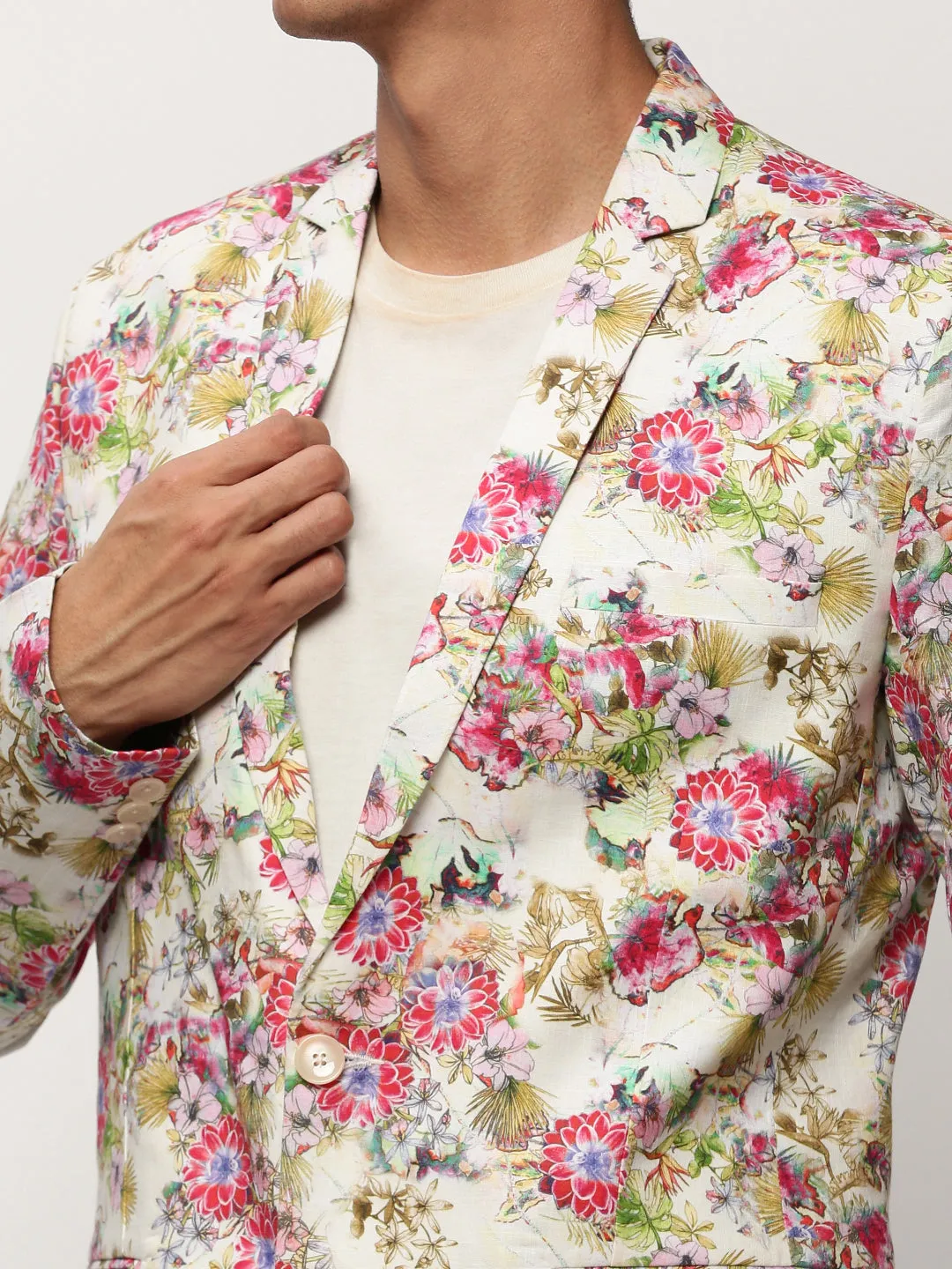 Men Off White Printed Notched Lapel Collar Single Breasted Slim-Fit Casual Blazer