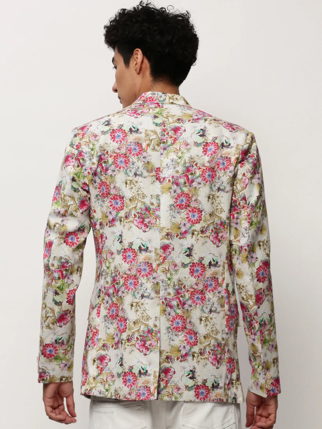 Men Off White Printed Notched Lapel Collar Single Breasted Slim-Fit Casual Blazer