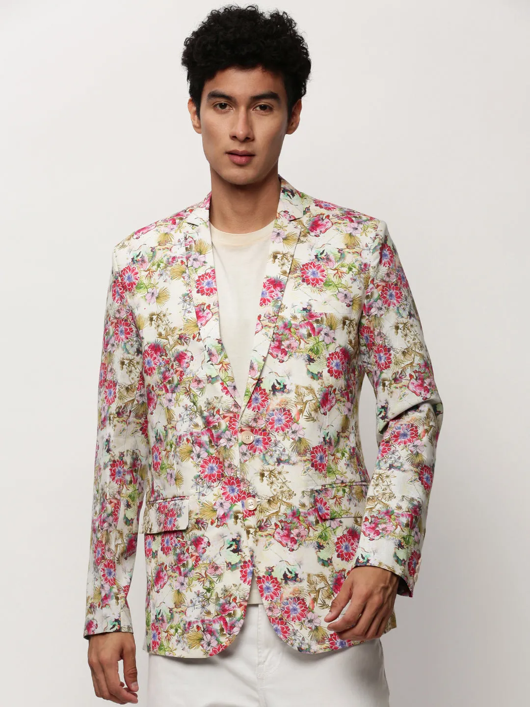 Men Off White Printed Notched Lapel Collar Single Breasted Slim-Fit Casual Blazer